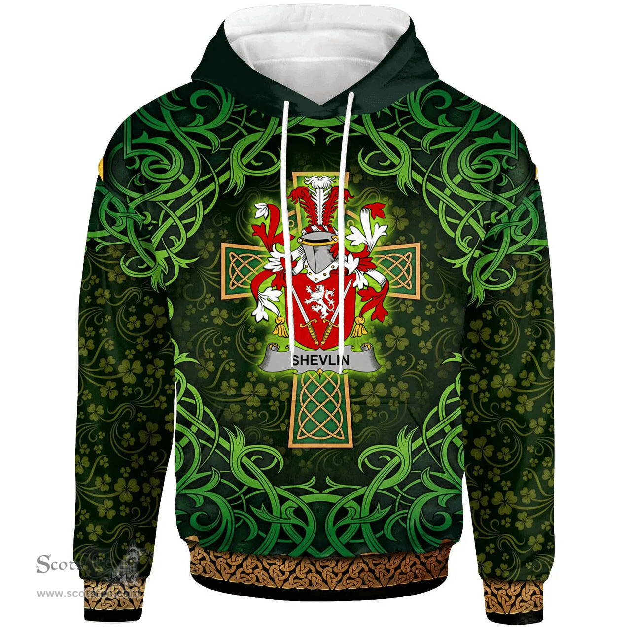 ScotsTee Shop Irish Shevlin Coat of Arms Family Crest Ireland Hoodie Celtic Cross Shamrock Patterns