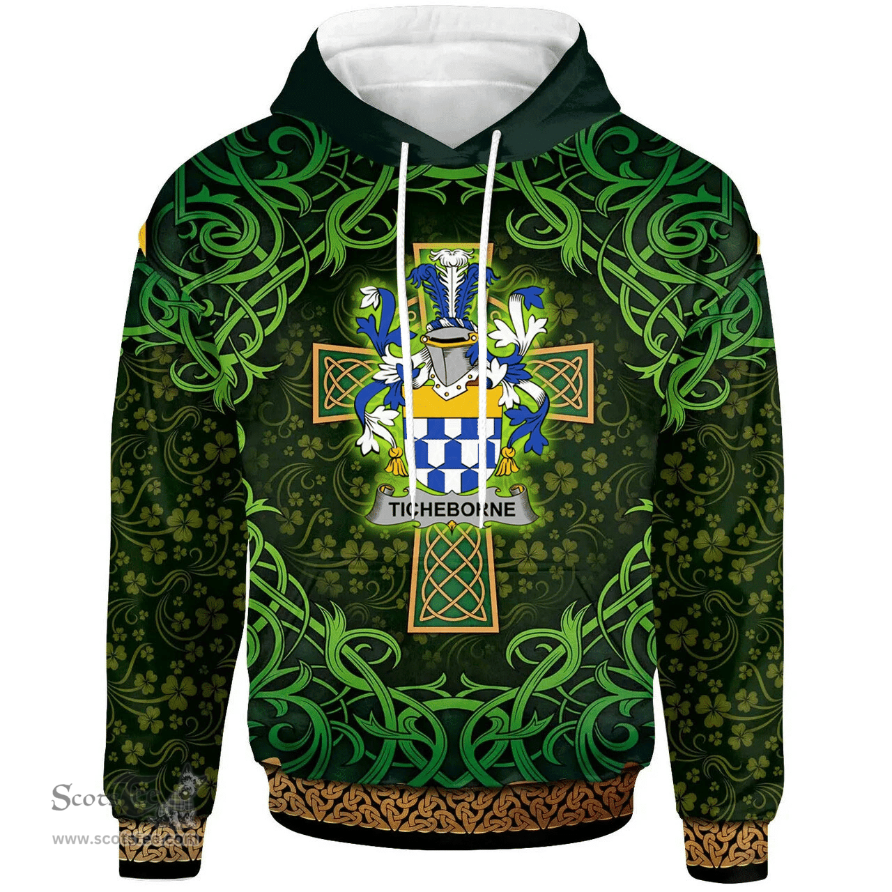 ScotsTee Shop Irish Ticheborne Coat of Arms Family Crest Ireland Hoodie Celtic Cross Shamrock Patterns