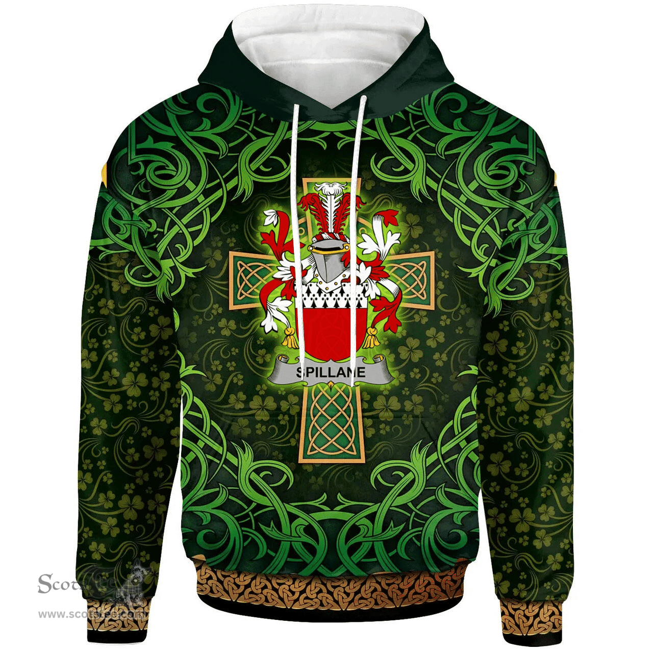 ScotsTee Shop Irish Spillane or O'Spillane Coat of Arms Family Crest Ireland Hoodie Celtic Cross Shamrock Patterns