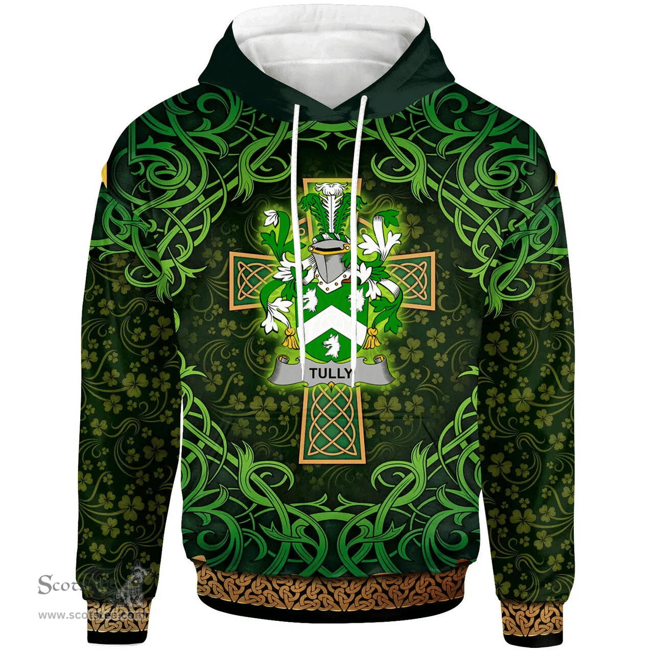 ScotsTee Shop Irish Tuly or McAtilla Coat of Arms Family Crest Ireland Hoodie Celtic Cross Shamrock Patterns