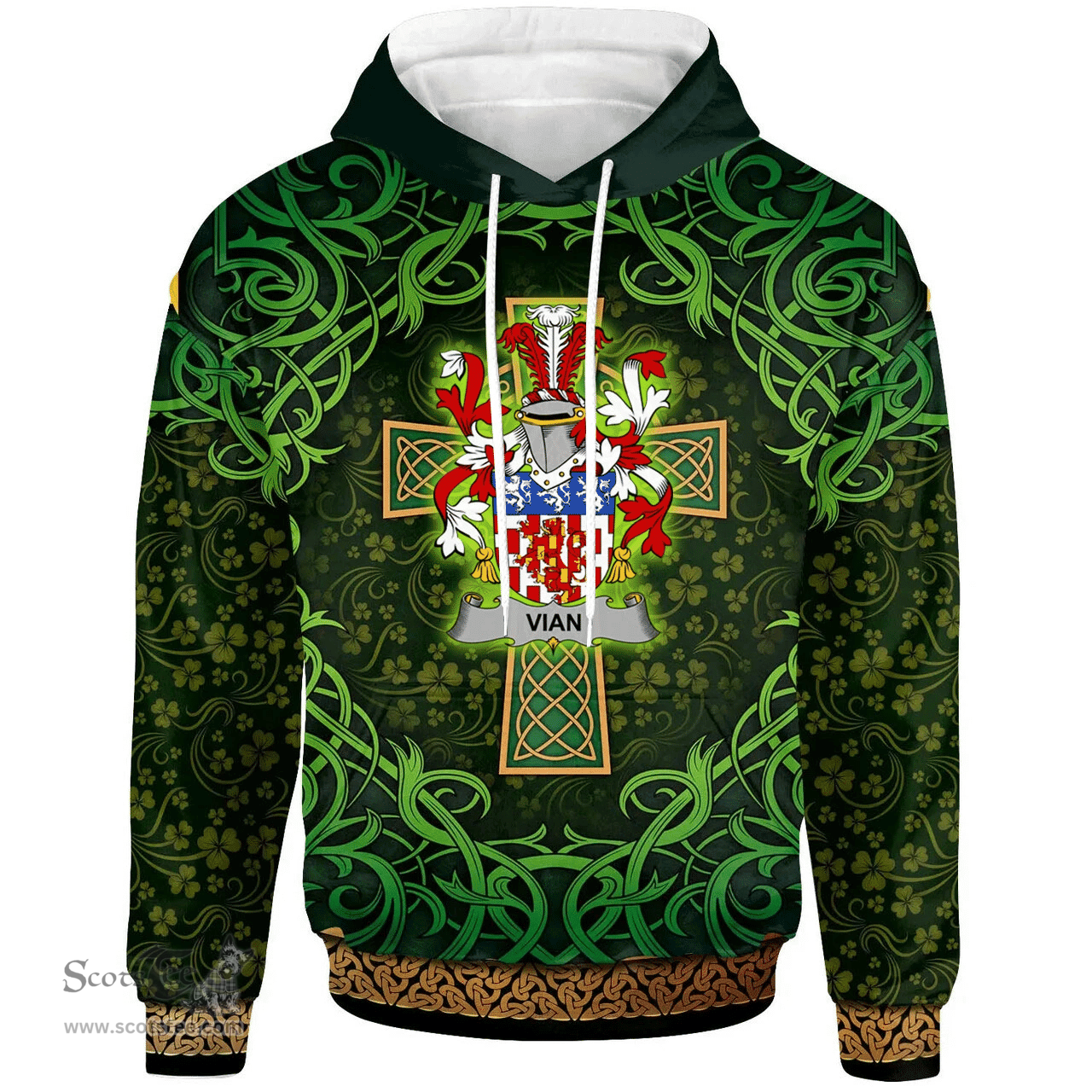 ScotsTee Shop Irish Vian Coat of Arms Family Crest Ireland Hoodie Celtic Cross Shamrock Patterns