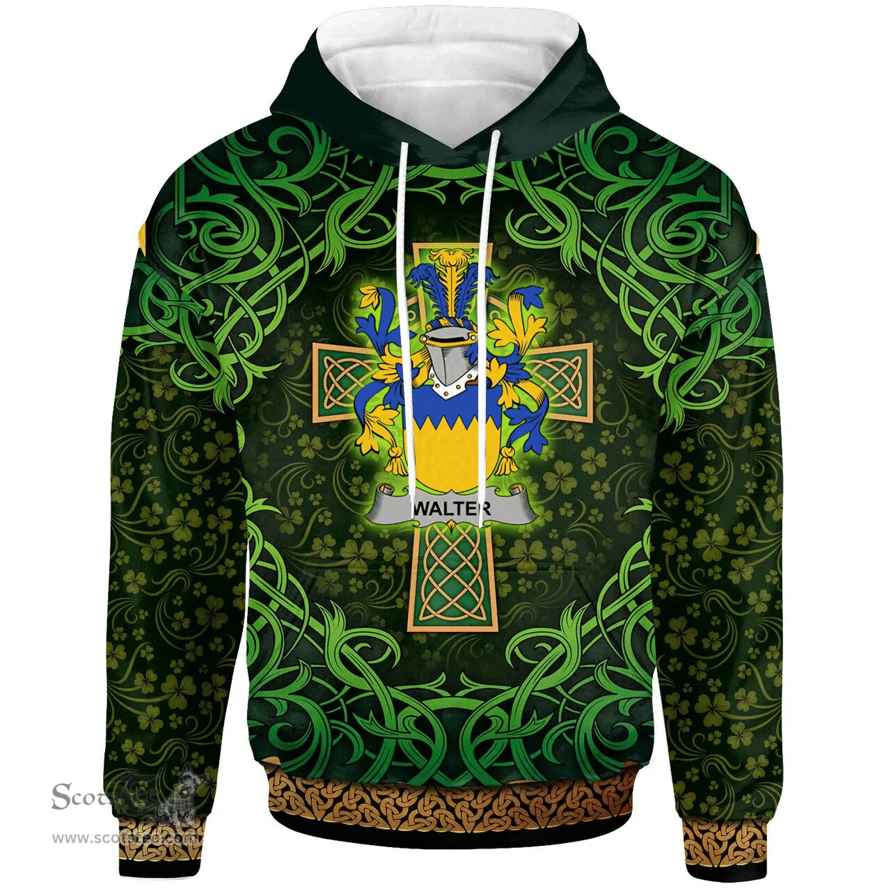 ScotsTee Shop Irish Walter Coat of Arms Family Crest Ireland Hoodie Celtic Cross Shamrock Patterns