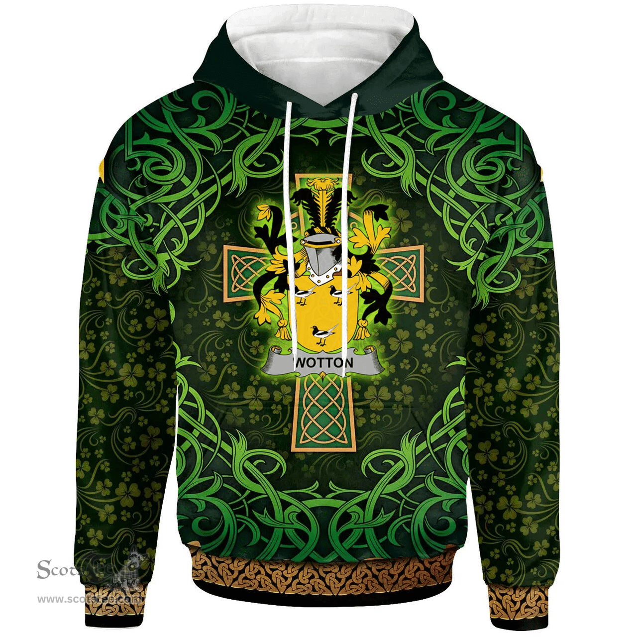ScotsTee Shop Irish Wotton Coat of Arms Family Crest Ireland Hoodie Celtic Cross Shamrock Patterns