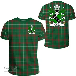 ScotsTee Shop Welsh Ashley (Caernarfon) Coat of Arms Family Crest Wales T Shirt Welsh National Tartan T Shirt