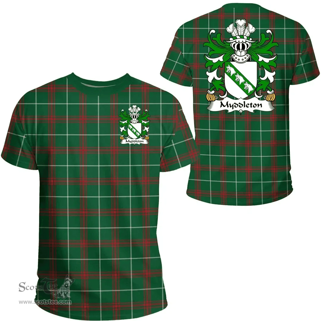 ScotsTee Shop Welsh Myddleton (of Gwenynog, Denbighshire) Coat of Arms Family Crest Wales T Shirt Welsh National Tartan T Shirt