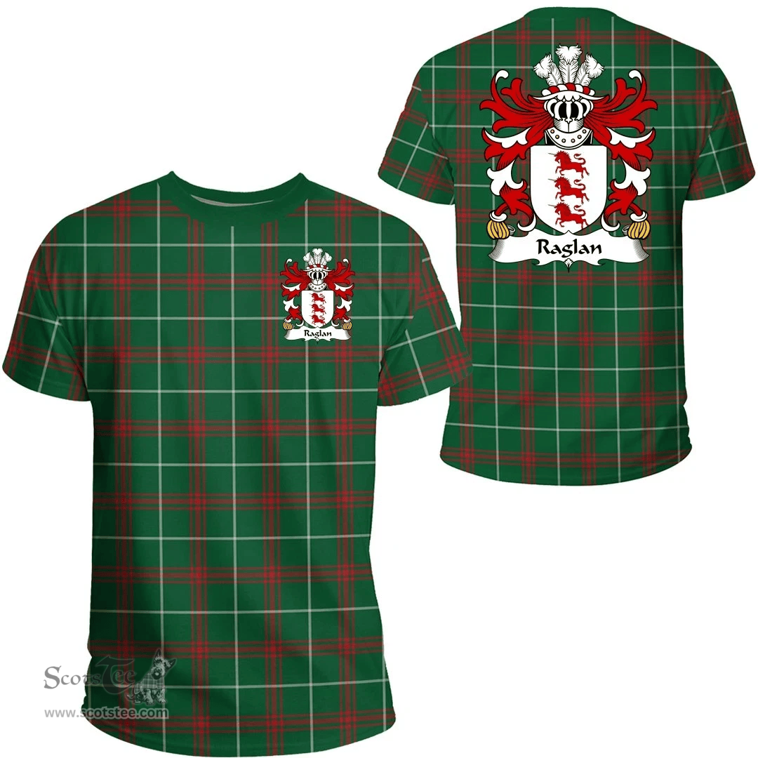 ScotsTee Shop Welsh Raglan (of Carn-lwyd, Llancarfan, Glamorgan) Coat of Arms Family Crest Wales T Shirt Welsh National Tartan T Shirt