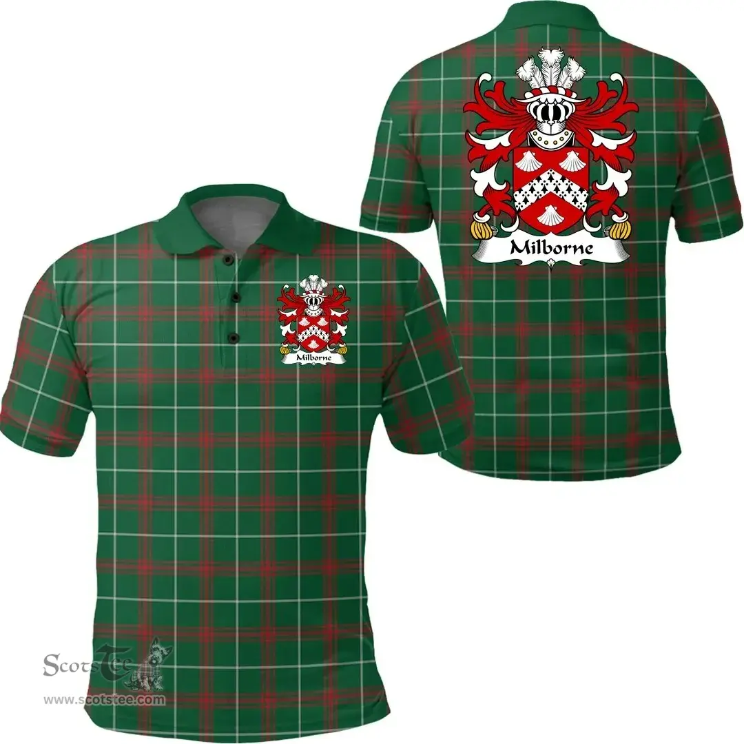 ScotsTee Shop Welsh Milborne (of Herefordshire) Coat of Arms Family Crest Wales Polo Shirt Welsh National Tartan Polo Shirt