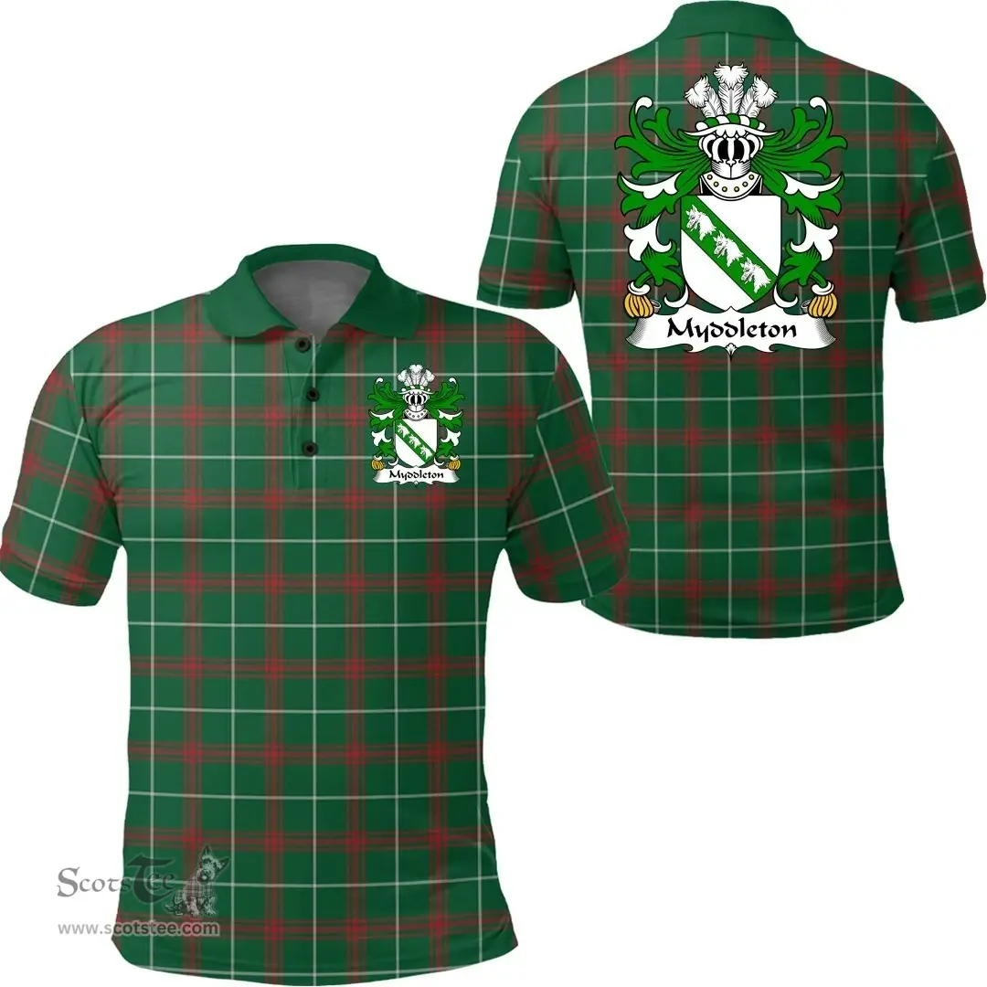 ScotsTee Shop Welsh Myddleton (of Gwenynog, Denbighshire) Coat of Arms Family Crest Wales Polo Shirt Welsh National Tartan Polo Shirt