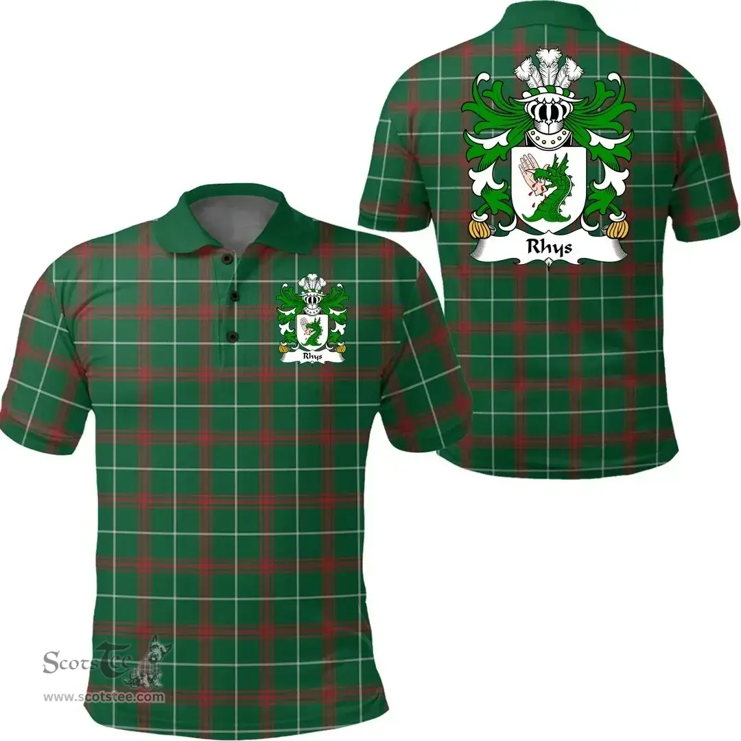 ScotsTee Shop Welsh Rhys (GOCH OF YSTRAD YW) Coat of Arms Family Crest Wales Polo Shirt Welsh National Tartan Polo Shirt