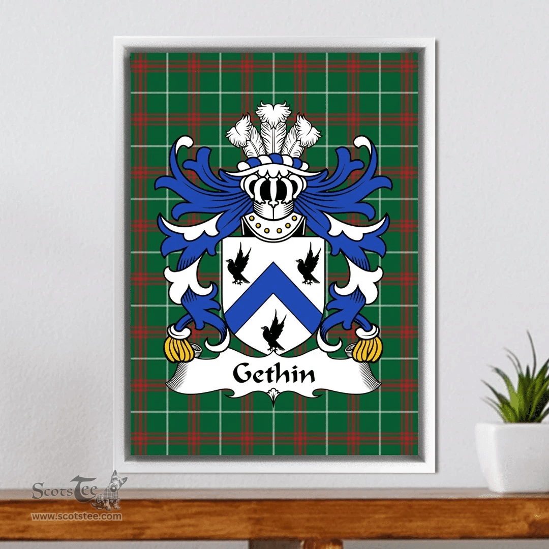 ScotsTee Shop Welsh Gethin (a soldier in Normandy in 1430Õs) Coat of Arms Family Crest Welsh National Tartan Framed Canvas Print