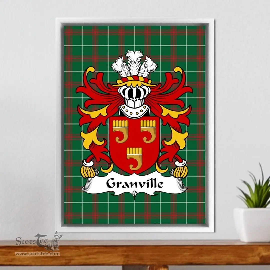 ScotsTee Shop Welsh Granville (Richard de, Founder of Neath Abbey) Coat of Arms Family Crest Welsh National Tartan Framed Canvas Print