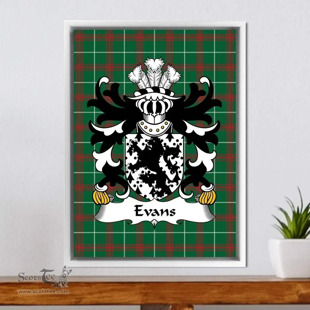 ScotsTee Shop Welsh Evans (of Is-coed, Flint) Coat of Arms Family Crest Welsh National Tartan Framed Canvas Print