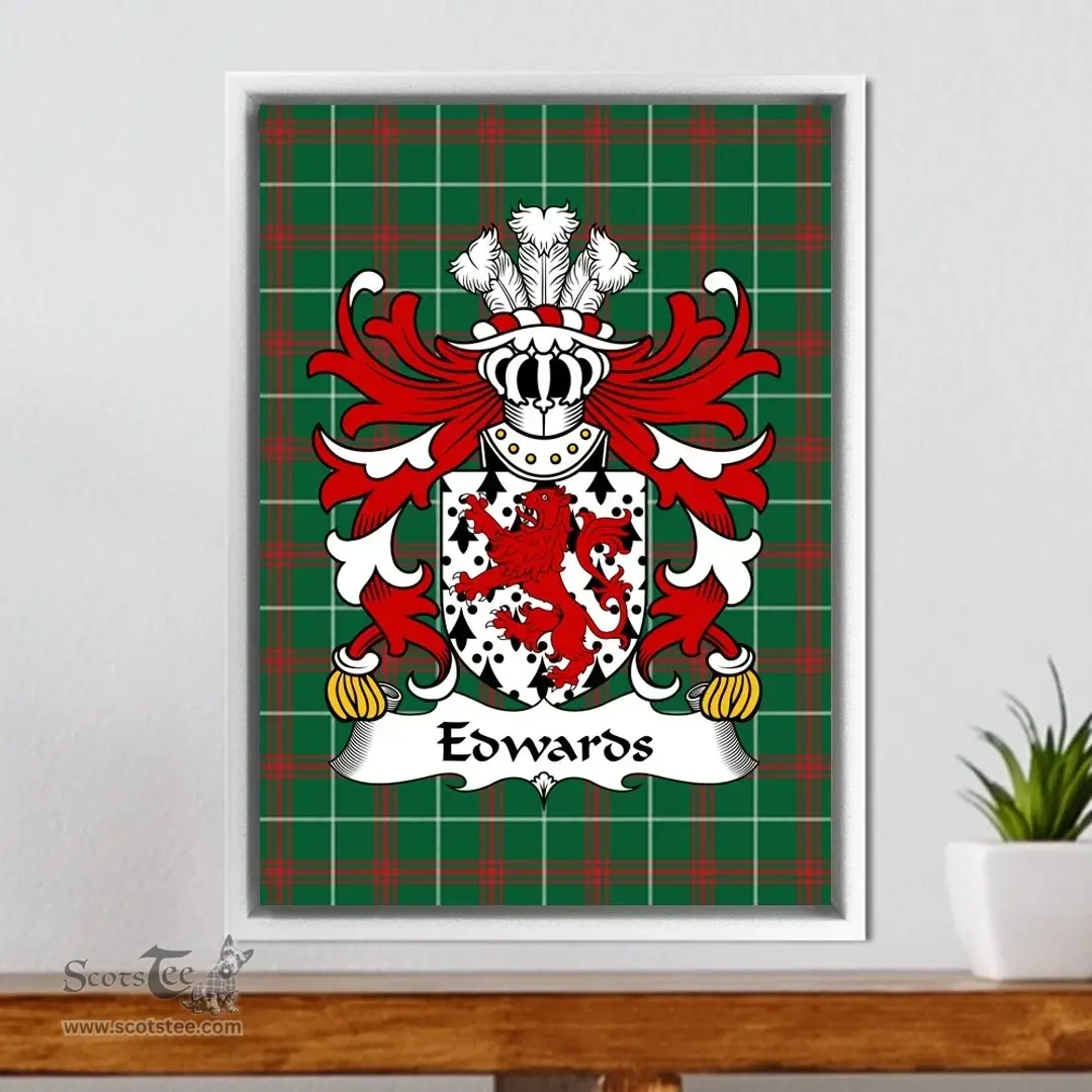 ScotsTee Shop Welsh Edwards (of Chirk, Denbighshire) Coat of Arms Family Crest Welsh National Tartan Framed Canvas Print
