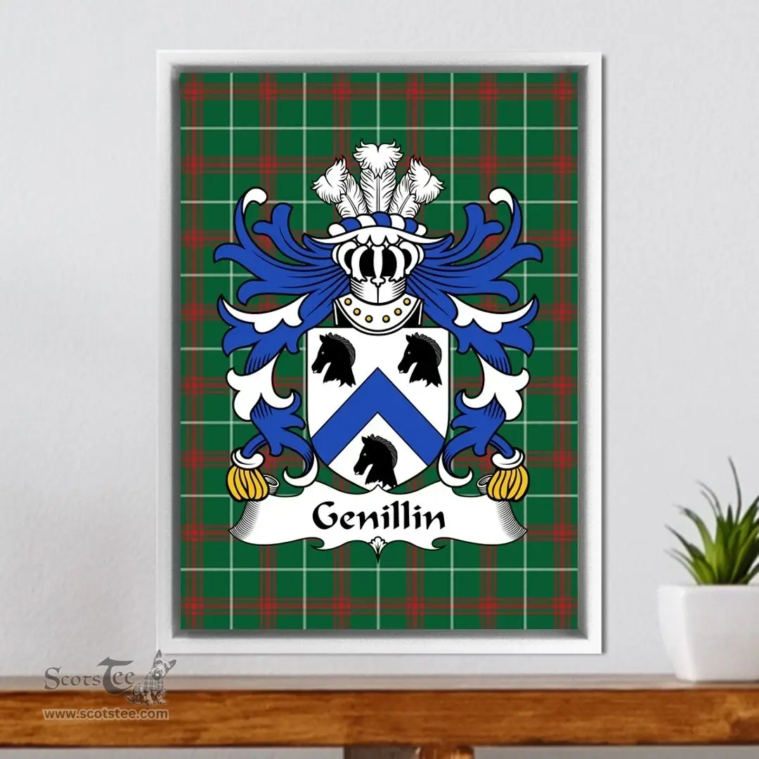 ScotsTee Shop Welsh Genillin (FARCHOG, Caernarfonshire) Coat of Arms Family Crest Welsh National Tartan Framed Canvas Print