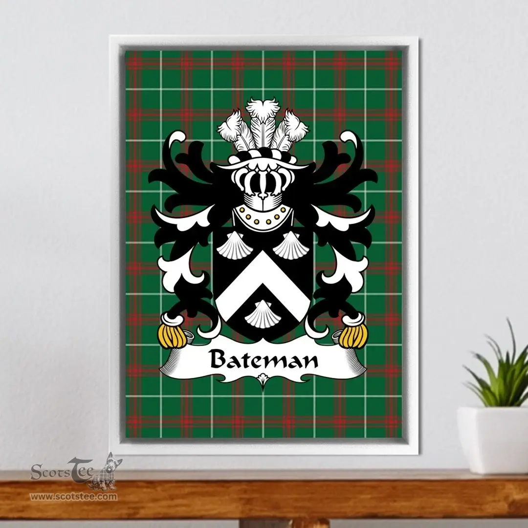 ScotsTee Shop Welsh Bateman (of Honeyborough, Pembrokeshire) Coat of Arms Family Crest Welsh National Tartan Framed Canvas Print