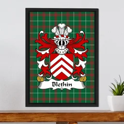 ScotsTee Shop Welsh Blethin (of Shirenewton, Monmouthshire) Coat of Arms Family Crest Welsh National Tartan Framed Canvas Print