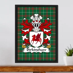 ScotsTee Shop Welsh Birkinshaw (of Llansannan, Denbighshire) Coat of Arms Family Crest Welsh National Tartan Framed Canvas Print