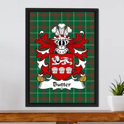 ScotsTee Shop Welsh Butter (of Flint) Coat of Arms Family Crest Welsh National Tartan Framed Canvas Print