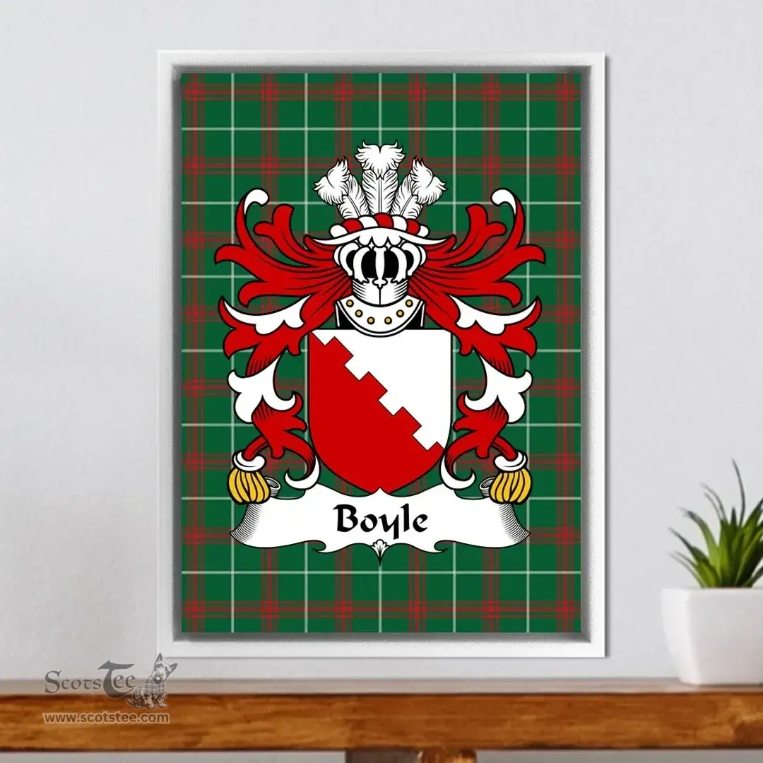 ScotsTee Shop Welsh Boyle (Herefordshire, m. Hywel Gwyn) Coat of Arms Family Crest Welsh National Tartan Framed Canvas Print