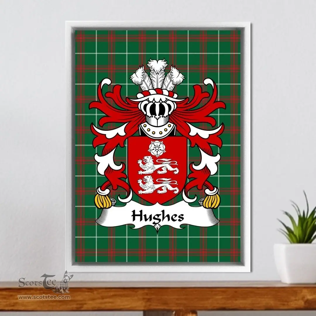ScotsTee Shop Welsh Hughes (Huys-of Llewerllyd, Diserth, Flint) Coat of Arms Family Crest Welsh National Tartan Framed Canvas Print