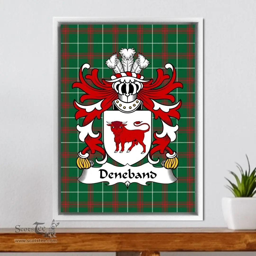 ScotsTee Shop Welsh Deneband (or DENEBAUD, of Gwent) Coat of Arms Family Crest Welsh National Tartan Framed Canvas Print