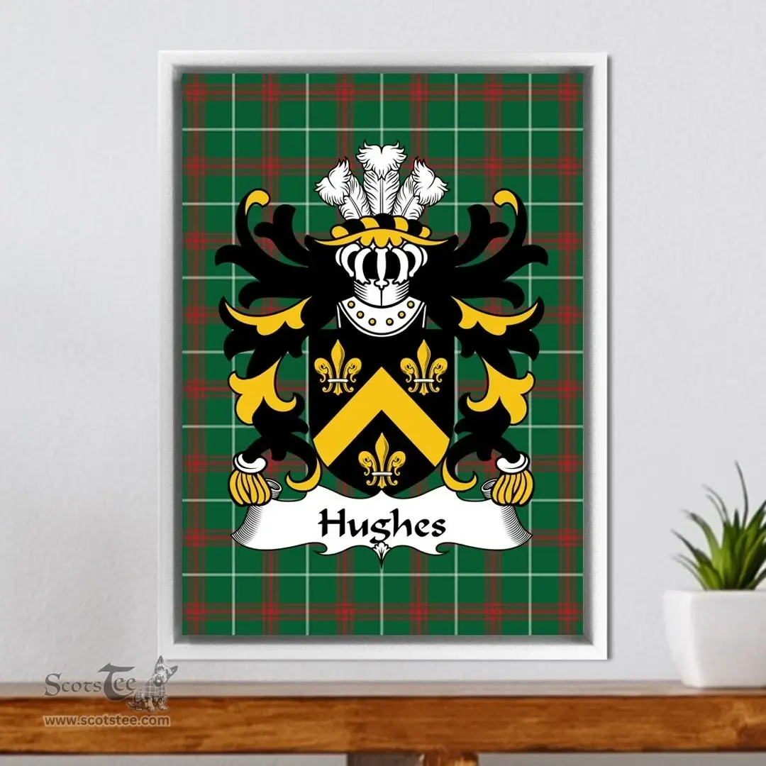 ScotsTee Shop Welsh Hughes (of Breconshire) Coat of Arms Family Crest Welsh National Tartan Framed Canvas Print