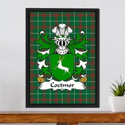 ScotsTee Shop Welsh Coetmor (of Llanllechid, Caernarfonshire) Coat of Arms Family Crest Welsh National Tartan Framed Canvas Print
