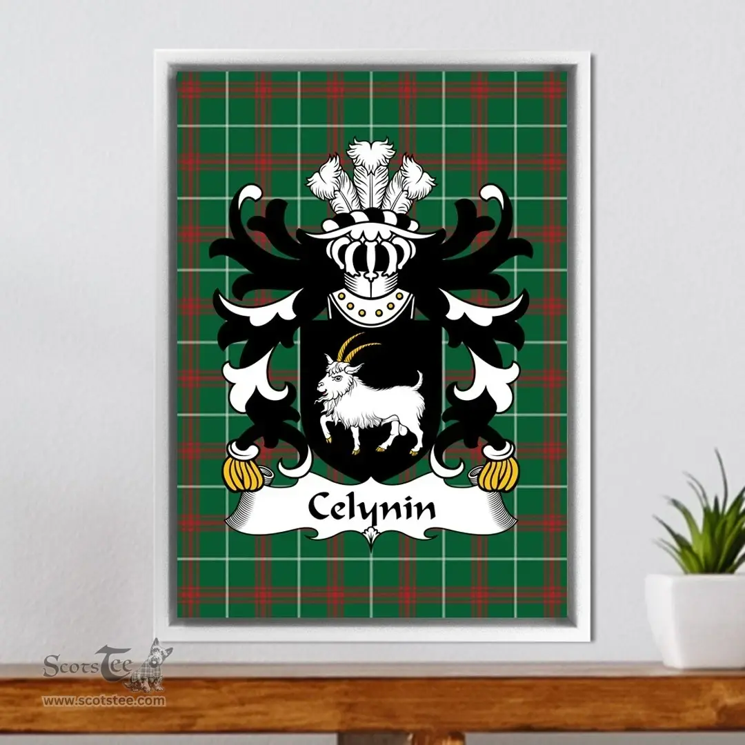 ScotsTee Shop Welsh Celynin (AP RHIRID ) Coat of Arms Family Crest Welsh National Tartan Framed Canvas Print