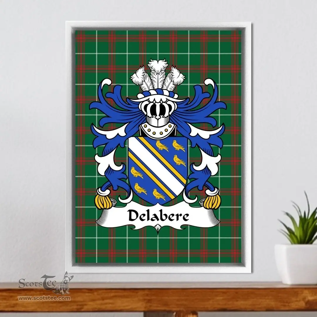 ScotsTee Shop Welsh Delabere (of Kinnersley and Tibberton, Herefordshire) Coat of Arms Family Crest Welsh National Tartan Framed Canvas Print