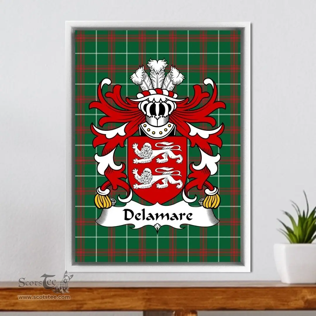 ScotsTee Shop Welsh Delamare (of Oxwich, Gower) Coat of Arms Family Crest Welsh National Tartan Framed Canvas Print