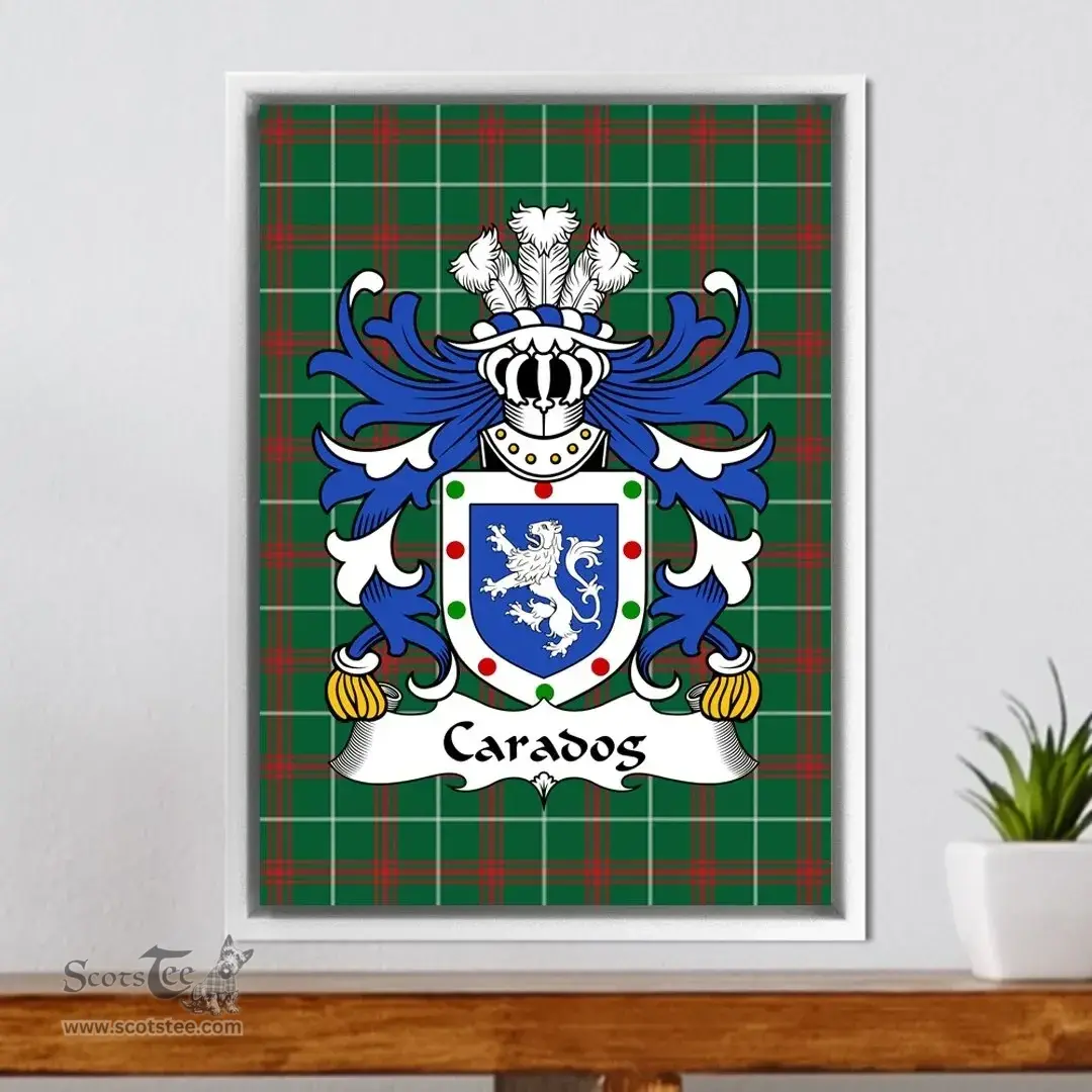 ScotsTee Shop Welsh Caradog (FREICHFRAS -Earl of Hereford) Coat of Arms Family Crest Welsh National Tartan Framed Canvas Print