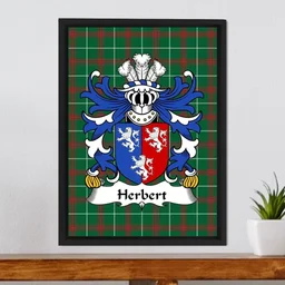 ScotsTee Shop Welsh Herbert (1st Earl of Pembrokeshire) Coat of Arms Family Crest Welsh National Tartan Framed Canvas Print