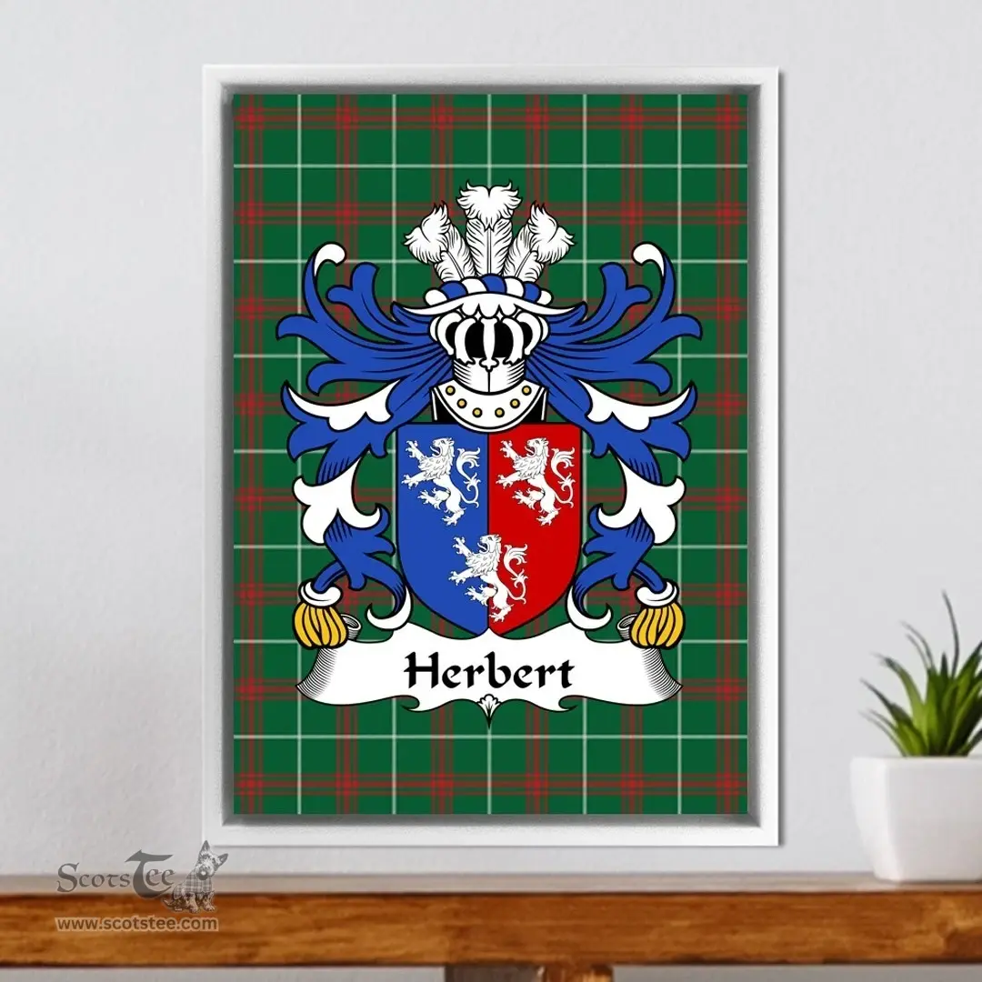 ScotsTee Shop Welsh Herbert (1st Earl of Pembrokeshire) Coat of Arms Family Crest Welsh National Tartan Framed Canvas Print