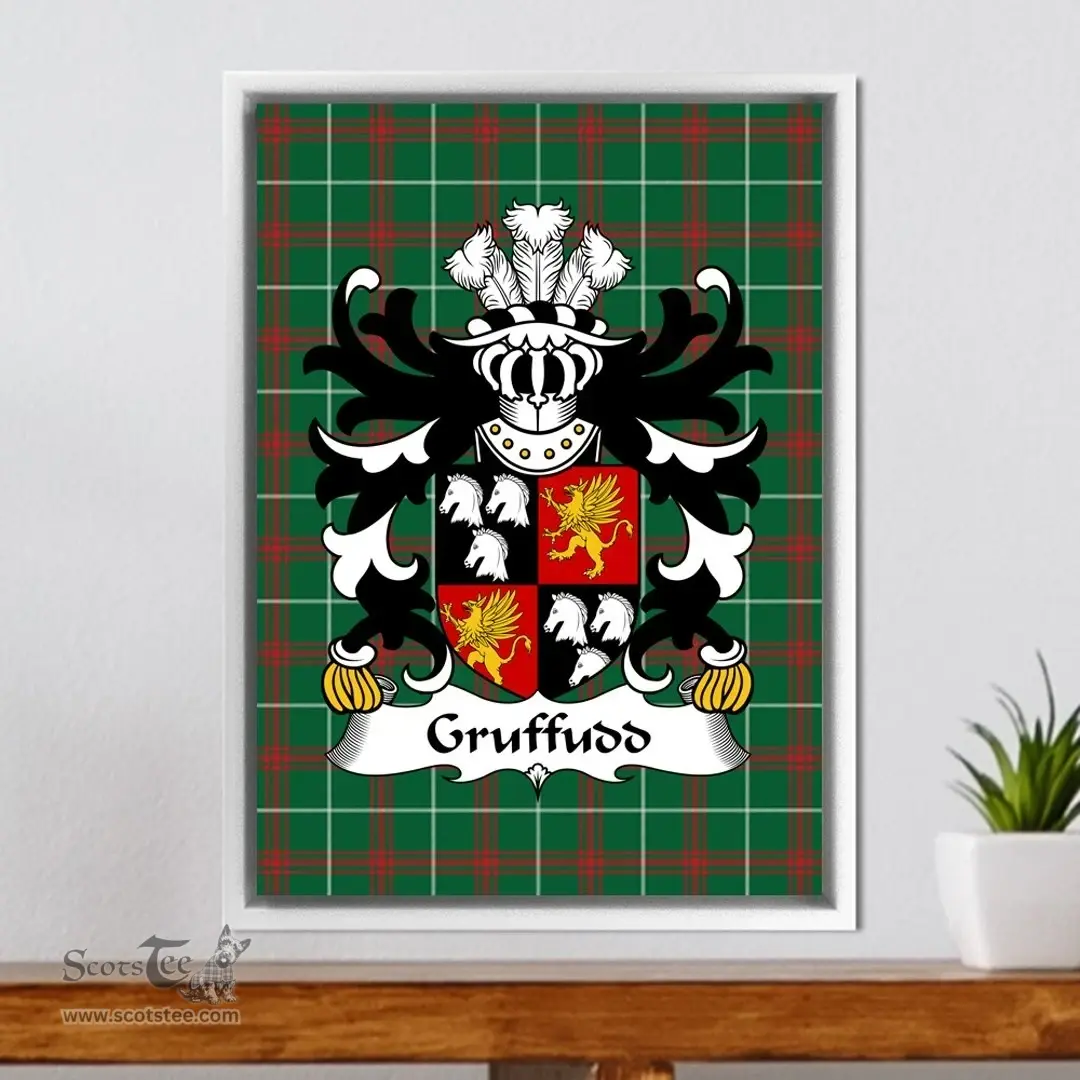 ScotsTee Shop Welsh Gruffudd (FYCHAN Sir, of Powys, of Boniarth) Coat of Arms Family Crest Welsh National Tartan Framed Canvas Print