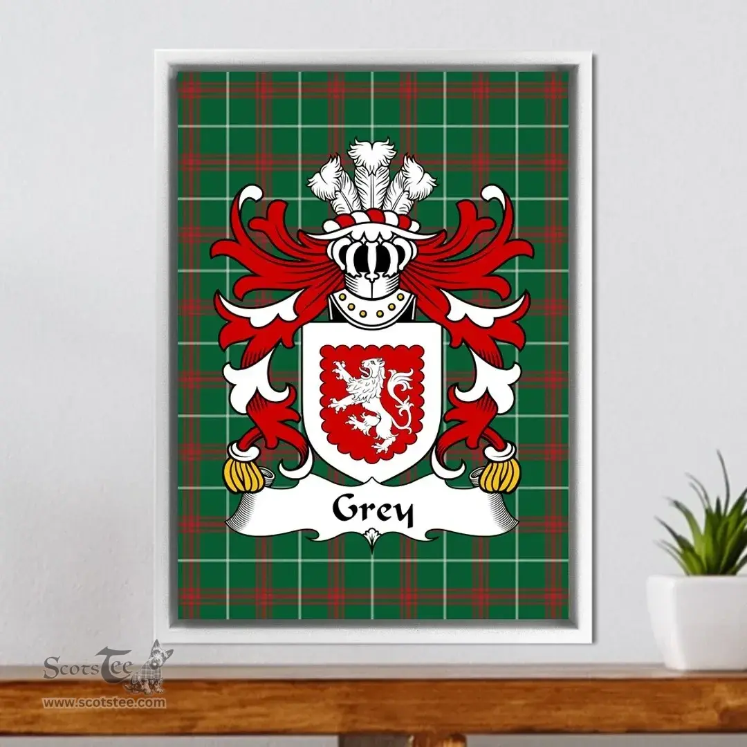 ScotsTee Shop Welsh Grey (or Gray- lords of Powys) Coat of Arms Family Crest Welsh National Tartan Framed Canvas Print