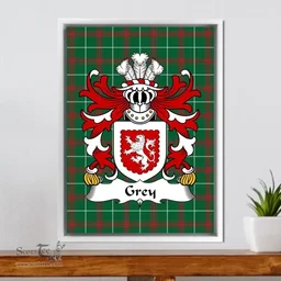 ScotsTee Shop Welsh Grey (or Gray- lords of Powys) Coat of Arms Family Crest Welsh National Tartan Framed Canvas Print