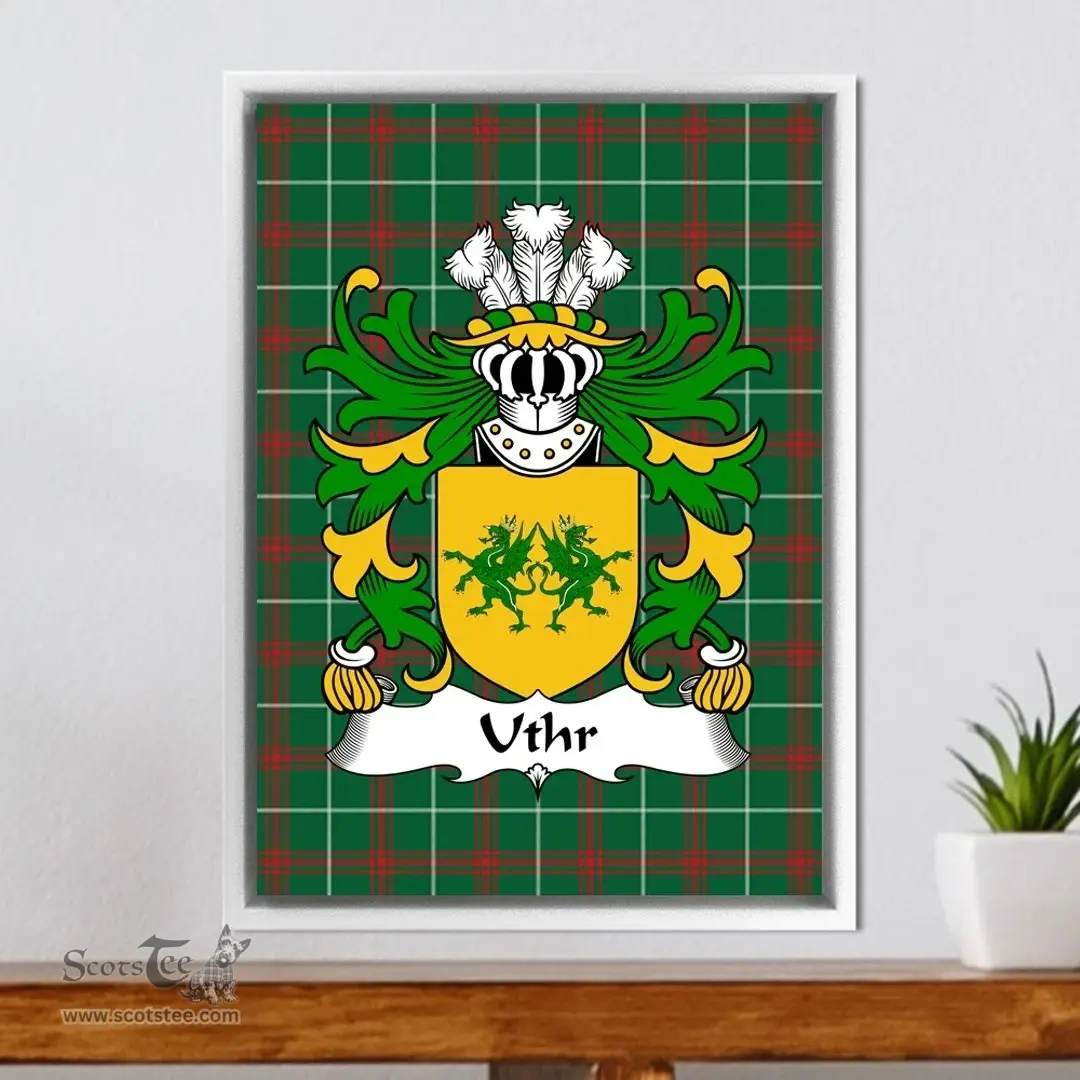 ScotsTee Shop Welsh Uthr (PENDRAGON, Father of King Arhtur) Coat of Arms Family Crest Welsh National Tartan Framed Canvas Print
