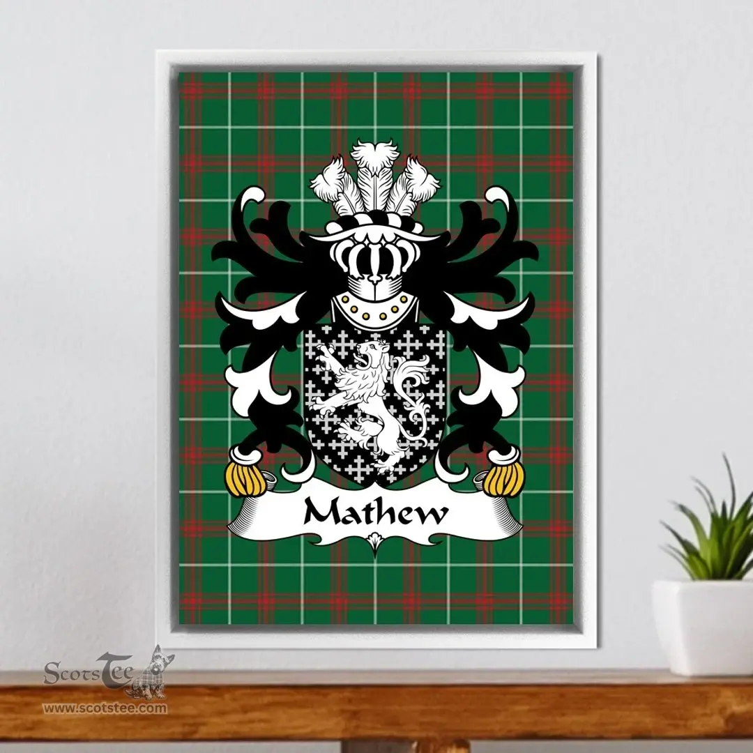 ScotsTee Shop Welsh Mathew (of Lleweni Green, Denbighshire) Coat of Arms Family Crest Welsh National Tartan Framed Canvas Print