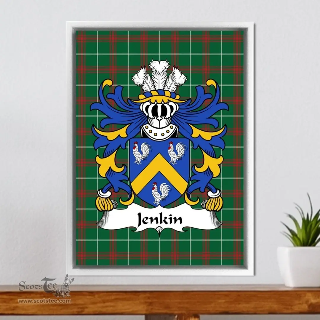 ScotsTee Shop Welsh Jenkin (AP DAFYDD or JENKIN FYCHAN) Coat of Arms Family Crest Welsh National Tartan Framed Canvas Print
