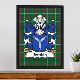 ScotsTee Shop Welsh Tomkin (of Shocklach, Cheshire) Coat of Arms Family Crest Welsh National Tartan Framed Canvas Print