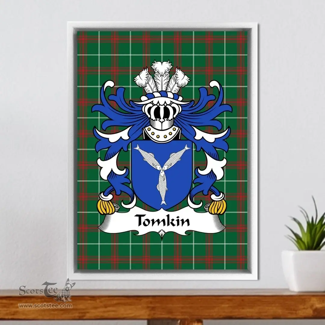 ScotsTee Shop Welsh Tomkin (of Shocklach, Cheshire) Coat of Arms Family Crest Welsh National Tartan Framed Canvas Print
