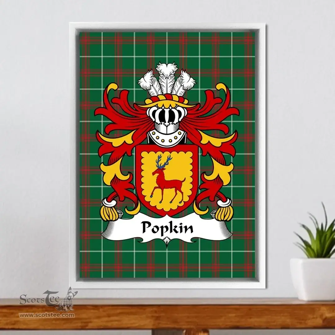 ScotsTee Shop Welsh Popkin (of Fforest. Swansea) Coat of Arms Family Crest Welsh National Tartan Framed Canvas Print