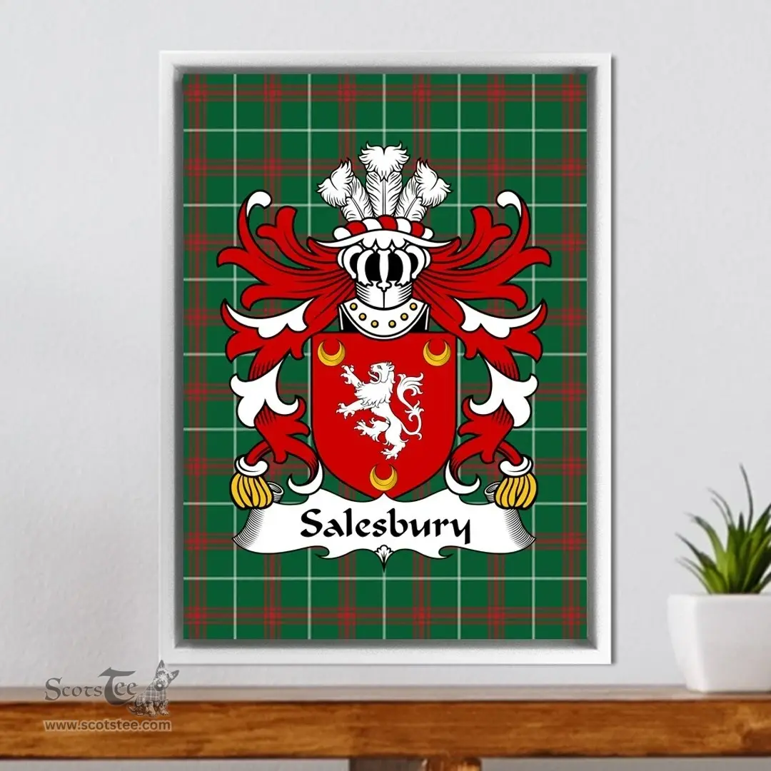 ScotsTee Shop Welsh Salesbury (of Lleweni, Denbighshire) Coat of Arms Family Crest Welsh National Tartan Framed Canvas Print