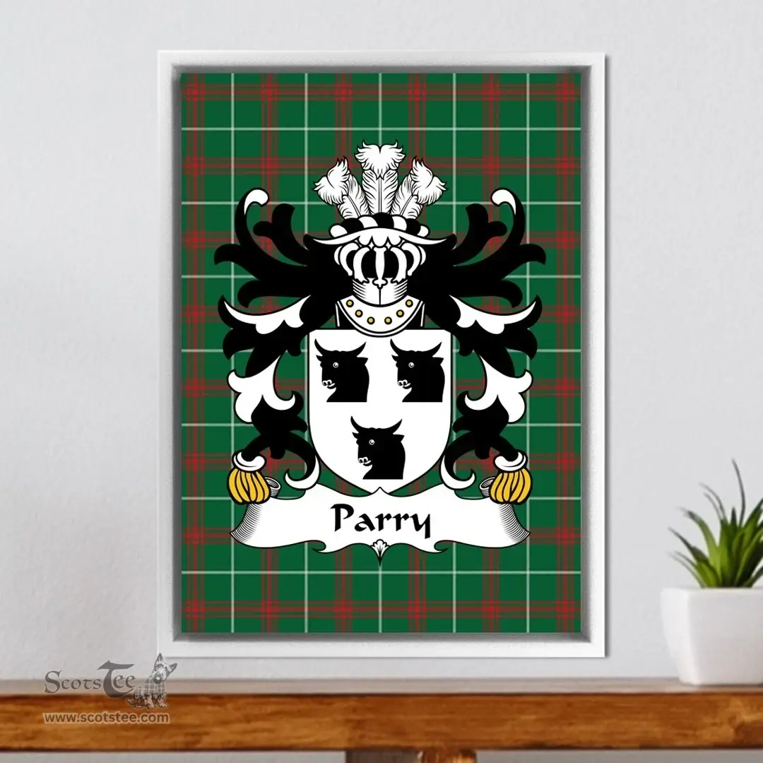 ScotsTee Shop Welsh Parry (of Llandygwydd, Cardiganshire) Coat of Arms Family Crest Welsh National Tartan Framed Canvas Print