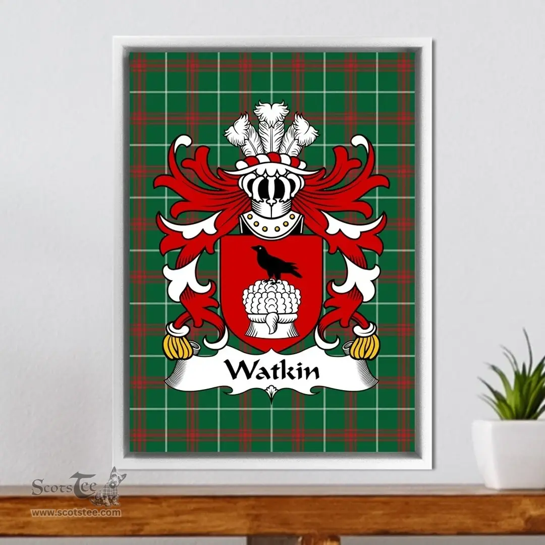 ScotsTee Shop Welsh Watkin (AP JOHN HIR, of Breconshire) Coat of Arms Family Crest Welsh National Tartan Framed Canvas Print