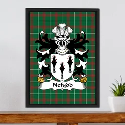 ScotsTee Shop Welsh Nefydd (HARDD, Caernarfonshire) Coat of Arms Family Crest Welsh National Tartan Framed Canvas Print