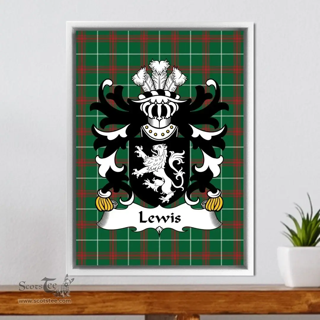 ScotsTee Shop Welsh Lewis (of Y Fan or Van, Caerphilly, Glamorgan) Coat of Arms Family Crest Welsh National Tartan Framed Canvas Print