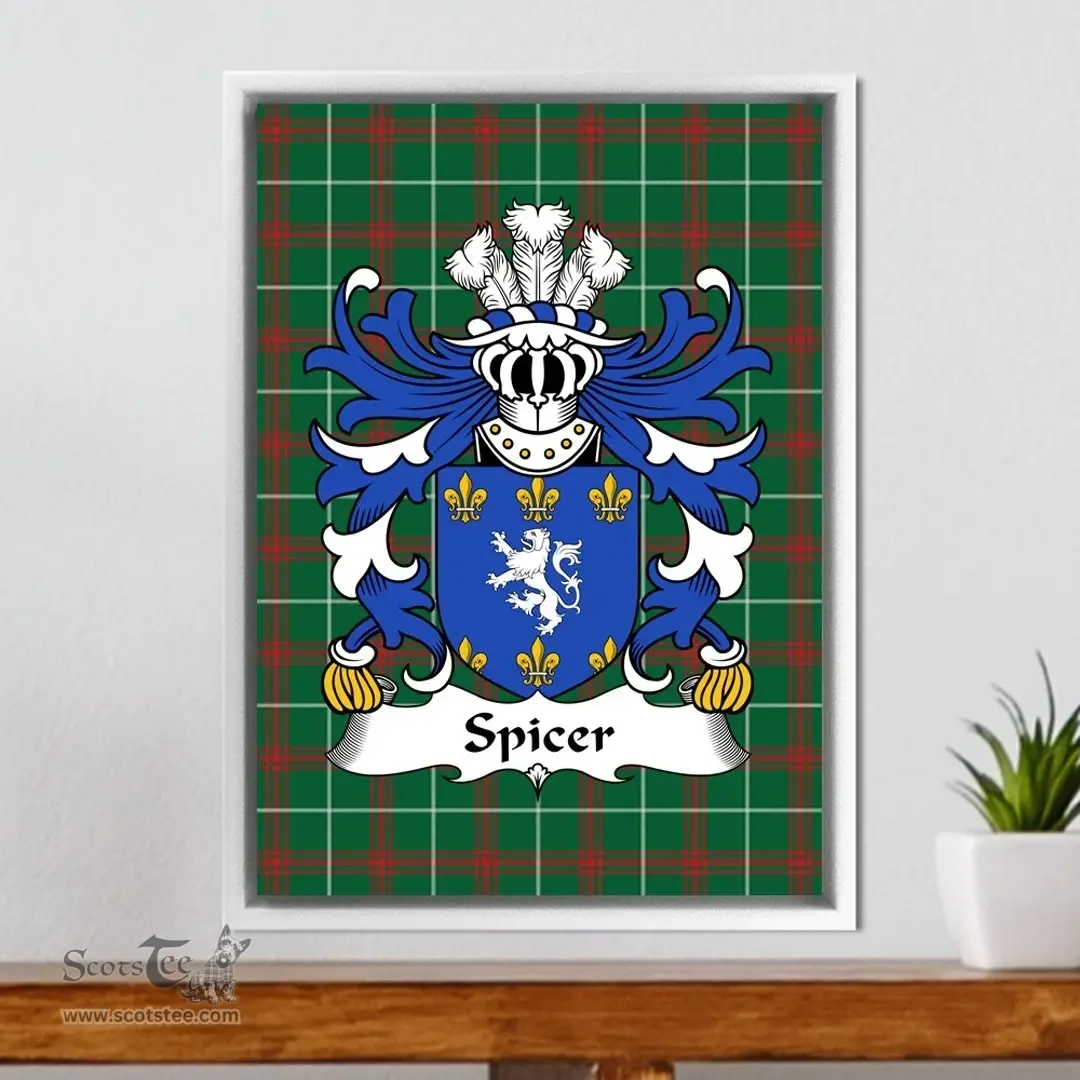 ScotsTee Shop Welsh Spicer (of Caernarfonshire) Coat of Arms Family Crest Welsh National Tartan Framed Canvas Print