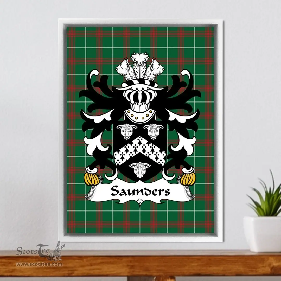 ScotsTee Shop Welsh Saunders (of Pendine, Carmanthenshire) Coat of Arms Family Crest Welsh National Tartan Framed Canvas Print