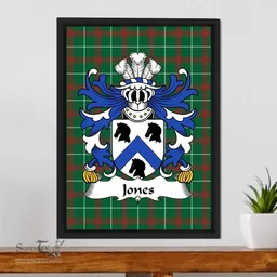 ScotsTee Shop Welsh Jones (of Castell-march, Llanengan) Coat of Arms Family Crest Welsh National Tartan Framed Canvas Print